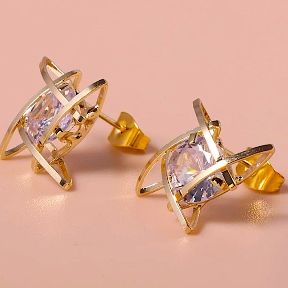 Gold Diamond Caged 3D Stud Earrings - Picture 4 of 6